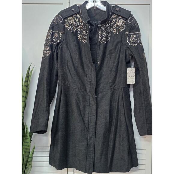 NEW Free People Charcoal Gray Embellished Embroidered Sergeant Coat Sz 6 $248 - Picture 1 of 9